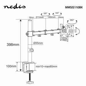 Suport Monitor Nedis pentru Birou 15-32 inch VESA 75x75 100x100 Mobilitate Completa - Img 4