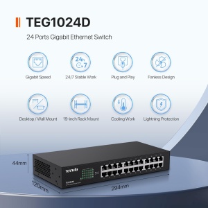 Switch Gigabit Tenda TEG1024D, 24 Porturi, Rackmount, Metal, Plug Play - Img 2
