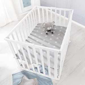 Tarc de joaca pliabil Roba Little Stars, lemn alb, 74x100 cm, cu roti - Img 4