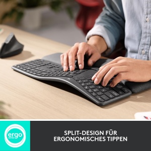 Tastatura ergonomica fara fir Logitech ERGO K860 - Tastatura divizata, suport pentru incheietura mainii, tastare naturala, rezistent la pete, conectivitate Bluetooth si USB, pentru Windows/Mac - Grafit - Img 3