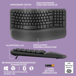 Tastatura ergonomica Logitech Wave Keys, wireless, cu suport pentru incheieturi, neagra - Img 7