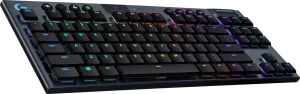 Tastatura mecanica de gaming Logitech G915 TKL Tenkeyless Lightspeed RGB pentru laptop si PC, comutator cu profil redus, LIGHTSYNC RGB, wireless, functie Bluetooth, negru