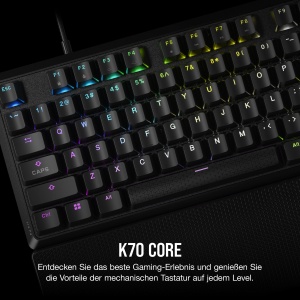 Tastatura mecanica pentru jocuri Corsair K70 CORE RGB cu suport pentru incheietura mainii - Comutatoare liniare rosii MLX prelubrifiate - Atenuare a sunetului - Compatibil iCUE - Aspect QWERTZ DE - Negru - Img 2