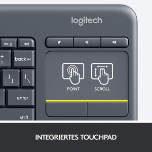 Tastatura TV tactila fara fir Logitech K400 Plus cu touchpad incorporat, Tastatura HTPC pentru PC-uri conectate la televizor, Windows, Android, Chrome OS, laptop, aspect QWERTZ german - Negru - Img 5