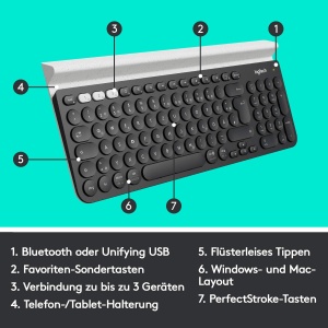 Tastatura wireless Logitech K780, conexiune Bluetooth si 2,4 GHz, functie multidispozitiv si comutare usoara, suport integrat, PC/Mac/tableta/smartphone, aspect QWERTZ german - gri inchis/alb - Img 7