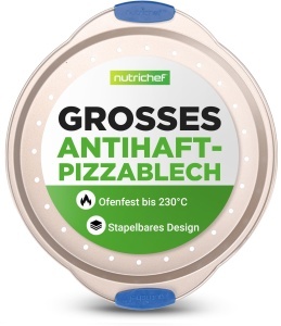 Tava pentru pizza NutriChef Pizzablech 32 cm, Carbonstahl, cu manere din silicon, aurie