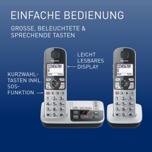 Telefon fix wireless Panasonic KX-TGE522GS, pentru seniori, cu functie SOS, 2 receptoare, negru-argintiu - Img 2
