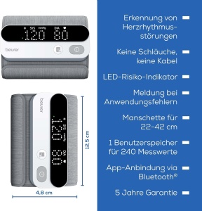 Tensiometru Beurer BM 59, manseta inovatoare fara tuburi si cabluri, indicator de risc LED, detectarea aritmiei, pentru circumferinta bratului de 22-42 cm, dispozitiv medical, cu conexiune la aplicatie - Img 6