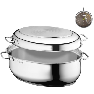 Tigaie cu capac WMF potrivita pentru cuptor, 8,5 l, tigaie cu inductie, otel inoxidabil Cromargan, capac cu inductie, termometru pentru prajire, 41x28,5x18cm