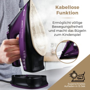 Tower T22008 Fier de calcat cu abur fara fir CeraGlide cu talpa ceramica - Fier de calcat cu abur cu functie variabila de abur, violet - Img 7