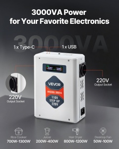 Transformator VEVOR 3000VA 110V-220V 2 prize EU USB LCD protectie termica - Img 2