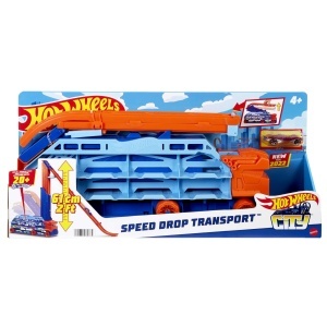 Transportor Hot Wheels City - Capacitate 20 masini, Rampa de lansare 60 cm, Include 1 vehicul