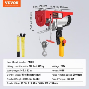 Troliu electric VEVOR PA400 400 kg motor cu telecomanda 42 m inaltime de ridicare 12 m - Img 7