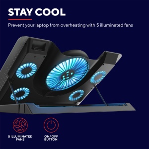 Trust Gaming Laptop Cooler GXT 1125 Quno Cooling Pad, Cooler Stand, Iluminare LED, 5 ventilatoare, previne supraincalzirea, pentru laptopuri/notebook-uri/Macbook-uri de pana la 17.3 inci - Img 3