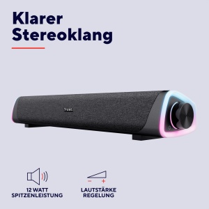 Trust Liro Soundbar PC Speaker 12W, Difuzoare stereo pentru computer cu iluminare LED RGB, Jack 3.5mm AUX, USB Operation Sound Bar pentru PC Laptop Desktop Tablet Smartphone TV, Negru - Img 3