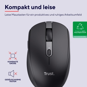 Trust Ozaa Silent Wireless Mouse Bluetooth + 2.4GHz, Compact Multi-Device Wireless Mouse, 60% Plastic Reciclat, Reincarcabil Bluetooth Mouse Laptop PC Computer Windows Android Mac - Negru - Img 2
