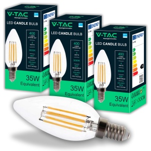 V-TAC 3x Bec LED Filament lumanare E14 4W (echivalent cu 35W) - Alb cald 400 lumeni - Pachet de 6 - Eficienta maxima - Decorare filament - Becuri LED - Bec de economisire a energiei - 3000K