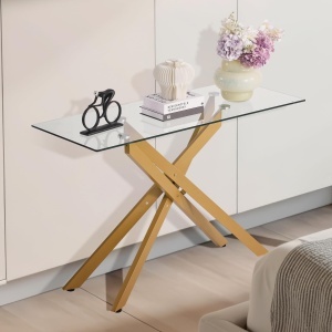 VEVOR Consola din sticla 114 cm blat din sticla securizata picioare metalice in forma X - Img 2
