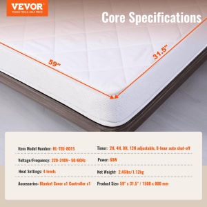 VEVOR HL-TEU-8015 Saltea Incalzita 150x80 cm 4 Trepte de Temperatura Timer 12 Ore - Img 7