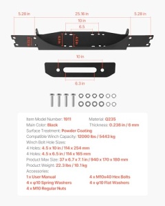 Vevor Windenhalterung 5443 kg Capacitate Montaj Jeep Wrangler JLJLU Gladiator JT 2018-2023 Negru - Img 7