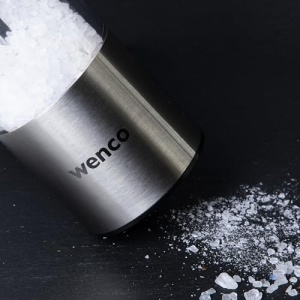 wenco Set de moara de sare si piper 2 bucati, mori de condimente din otel inoxidabil cu rasnita ceramica, dimensiune de macinare reglabila continuu, pentru condimente uscate, piper si sare, argintiu/transparent - Img 6