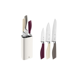 WMF ElementsJoy Bloc de cutite cu set de cutite 4 bucati, 3 cutite, bloc de plastic, lama speciala din otel, cu insertie de perie din plastic