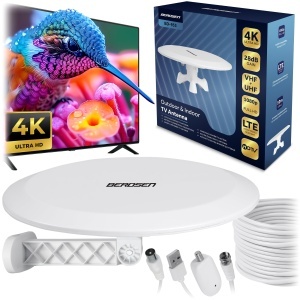 Antena DVB-T2 Berdsen cu Amplificator 28 dB, 10 m Cablu, Alba
