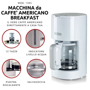 Aparat de cafea cu filtru Ariete Breakfast 1395, aparat de cafea americano, pana la 12 cani, indicator de nivel al apei, placa incalzita, filtru lavabil si suport de filtru, protectie impotriva picaturii, alb - Img 2