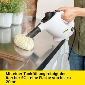Aparat de curatat cu abur Karcher SC 1, presiune abur: 3 bari, timp de incalzire: 3 min., putere: 1.200 W, suprafata: 20 m2, rezervor: 200 ml, cu mana, jet spot si duza de putere, capac din microfibra si perie rotunda - Img 3