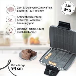 Aparat de facut vafe cu scortisoara Cloer 1431, 930 W, inox, antiaderent - Img 2
