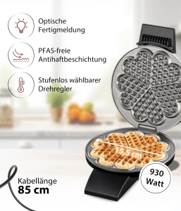 Aparat de facut waffles Cloer 1620, 930 W, 15,5 cm, negru - Img 2