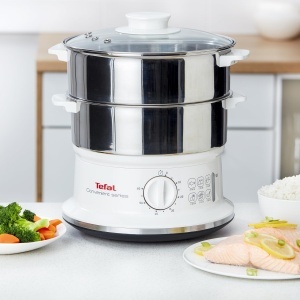 Aparat de gatit cu aburi Tefal VC1451 2 recipiente inox 6L Timer 900W Alb - Img 3