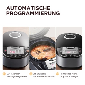 Aparat de orez Midea, multicooker cu 11 programe, aragaz de orez 5 L pentru 2-10 persoane, aragaz lent si abur cu functie de mentinere la cald 24 de ore, cronometru, incl. insertie pentru abur, lingura si cana de masurare, negru si argintiu - Img 7
