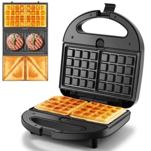 Aparat multifunctional YASHE 3 in 1,Sandwich Maker,Prajitor de paine sandwich, Gratar de contact, Fier de vafe,Masina Panini,Placi detasabile cu acoperire antiaderenta,750 W,Afisaje LED, Fara BPA, Negru - Img 1