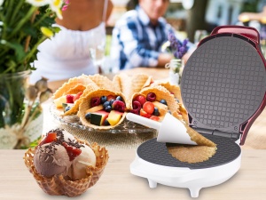 Aparat pentru vafe Beper P101CUD002, 1000W, Placa antiaderenta 18 cm, AlbRosu - Img 6