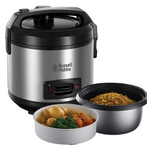 Aragaz de orez Russell Hobbs [castigatorul testului] 1,2 l incl. insertie pentru abur cu capac cu balamale cu aroma (functie de mentinere la cald, oala de gatit cu acoperire antiaderenta, lingura de orez si ceasca de masurare, otel inoxidabil) 27080-56