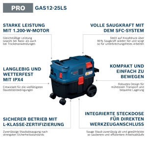 Aspirator Bosch PRO GAS12-25LS, 1200W, Compact, pentru Uscat si Umed - Img 3