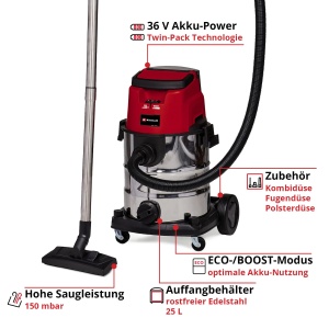 Aspirator Einhell TE-VC 3625 Li S-Solo 25L ECOBOOST Mode NegruRosu - Img 3