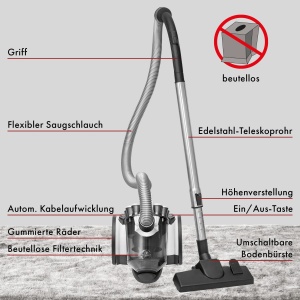 Aspirator ProfiCare(r) fara sac pentru parchet, covor, gresie, aspirator de podea de 700 W cu filtru HEPA, aspirator fara sac incl. 3 perii si sistem de microfiltrare cu 4 compartimente, PC-BS 3110, alb/titan - Img 3