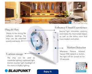 Banda LED Blaupunkt 1M cu senzori de miscare, lumina naturala, autoadeziva - Img 3