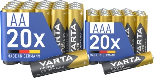 Baterii Alkaline VARTA Power On Demand, 40 bucati (20x AA si 20x AAA), Made in Germany