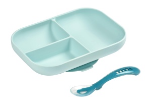 Beaba 913455 Set Farfurie cu Ventuza si Lingurita Albastru Silicon
