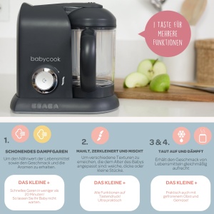 BEABA - Babycook Solo - Aparat de mancare pentru bebelusi 4 in 1 - Abur delicat - Gatit rapid cu abur in 15 minute - Cos de gatit din otel inoxidabil - Gri inchis - Img 3