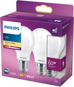 Bec clasic LED Philips 60 W, E27, alb cald (2700K), 806 lumeni [clasa energetica A++], mat - Img 1