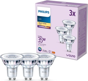Bec LED Philips GU10, 255 Lumen, Lumina calda 2700K, Pachet 3 bucati
