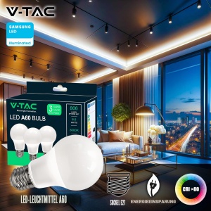 Bec LED V-TAC E27 8,5W (echivalent 60W) 3000K Warmwhite, 3 bucati - Img 2
