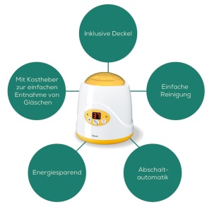 Beurer BY 52 Incalzitor de biberoane si incalzitor de biberoane, incalzire si mentinere calda a alimentelor pentru bebelusi, timp de incalzire de 8 minute, afisaj digital al temperaturii, potrivit pentru toate biberoanele disponibile in comert, 1 bucata - Img 5