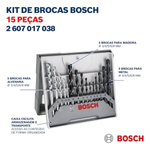 Bosch 15 buc. Set de burghie (pentru lemn, piatra si metal, O 3-8 mm, accesorii burghiu/insurubat si suport de gaurit) - Img 2