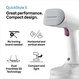 Braun QuickStyle 5 GS5011PU Steamer, Tehnologie Dual FreeGlide 3D, Tehnologie FastSteam, Aburi, Abur 22 g/min, Rezervor de apa 150 ml, Lungime cablu 2,5 m, Gata in 45 de secunde, 1200W, Alb/Violet - Img 6