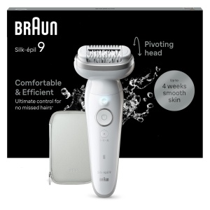 Braun Silk-epil 9, epilator pentru femei sau indepartator de par cu cap pivotant pentru indepartare a parului de lunga durata, piele neteda si matasoasa, umeda si uscata, Fabricat in Germania, 9-011, alb sau argintiu - Img 1